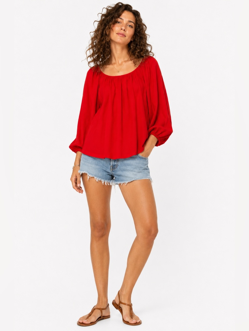 WeWoreWhat - Women’s Red Peasant Blouse - Linen Scoop Neck Top